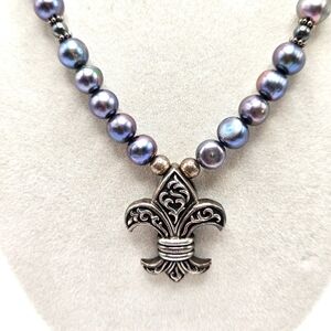 VINTAGE Peacock Pearl Beaded Fleur de Lis Pendant Necklace 925 Sterling Silver